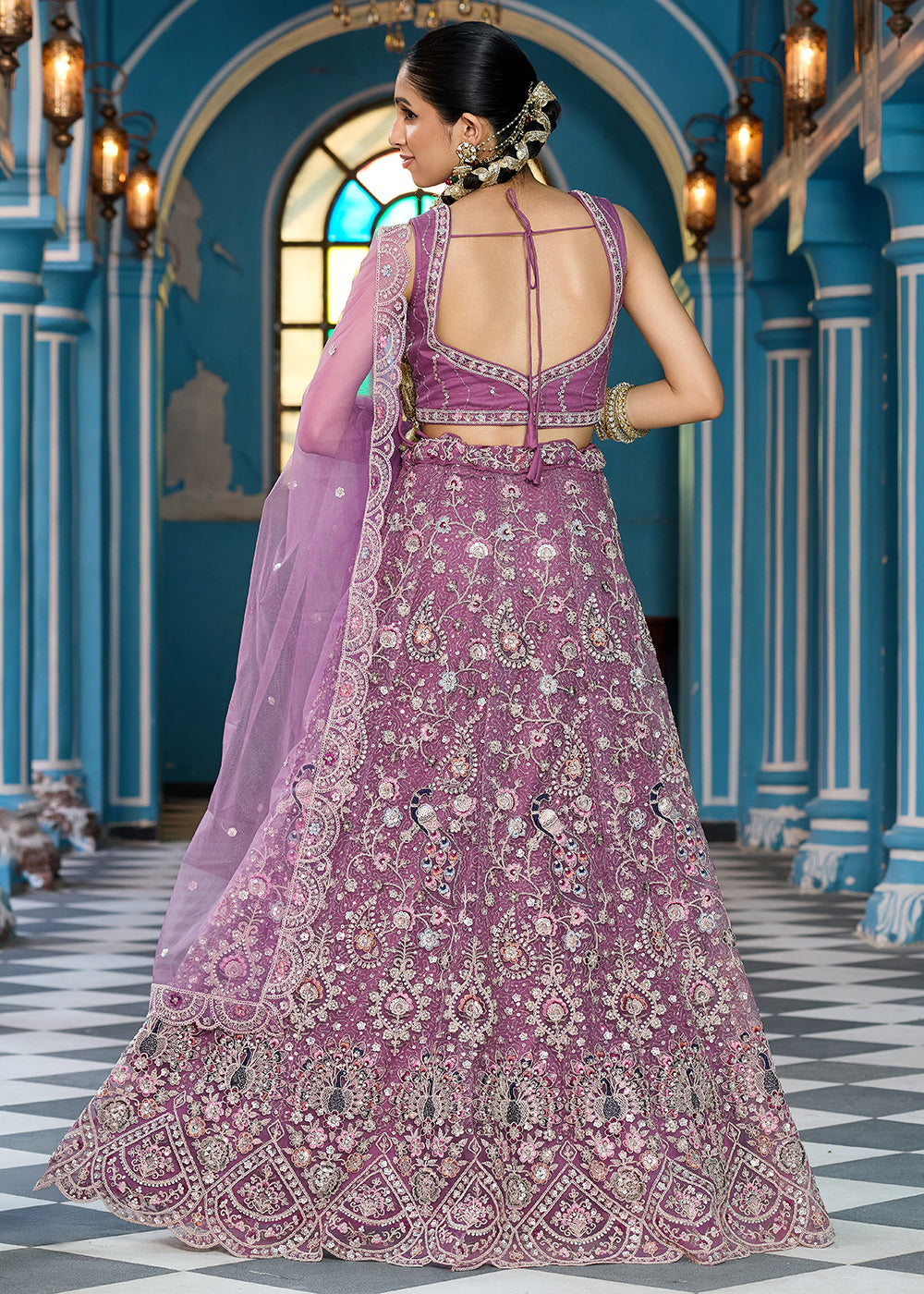 Buy Now Lavender Stone & Cording Work Net Lehenga Choli Online in US, UK, Canada, France, Germany, Sweden, Greece, Denmark, Italy, Africa & Worldwide at Empress.