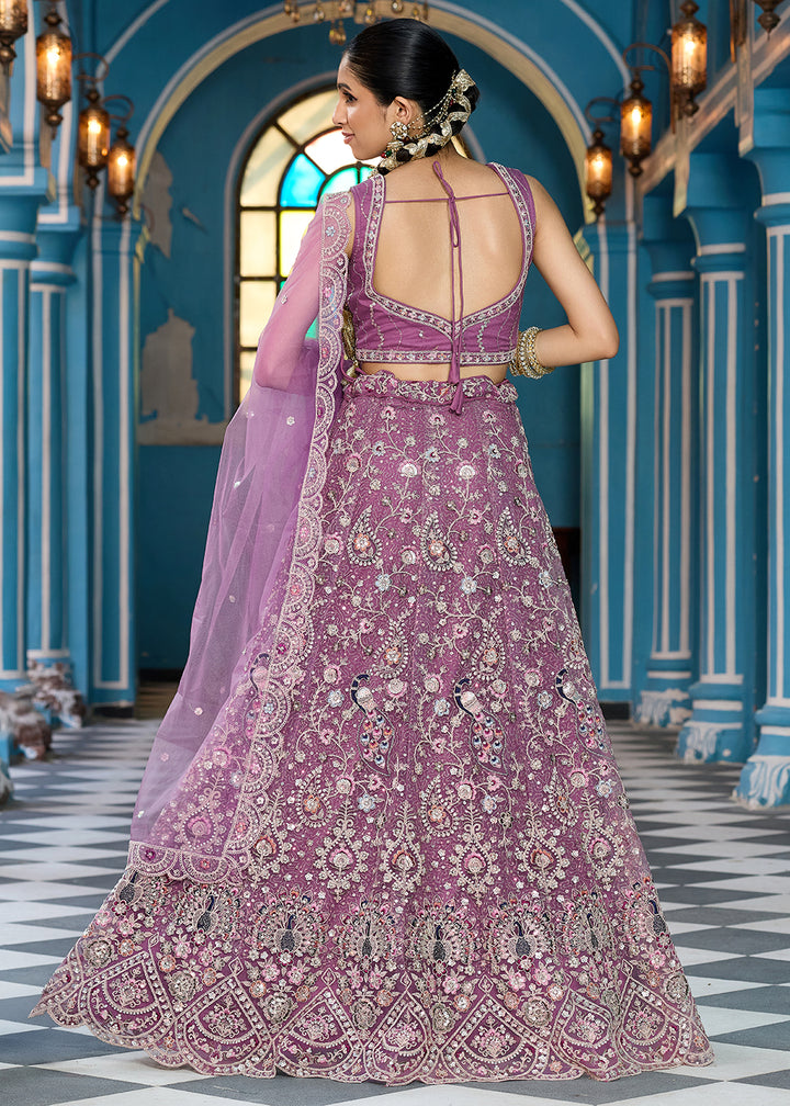 Buy Now Lavender Stone & Cording Work Net Lehenga Choli Online in US, UK, Canada, France, Germany, Sweden, Greece, Denmark, Italy, Africa & Worldwide at Empress.