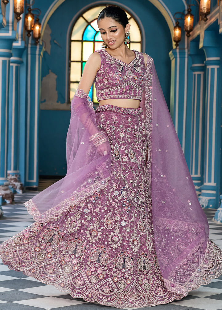 Buy Now Lavender Stone & Cording Work Net Lehenga Choli Online in US, UK, Canada, France, Germany, Sweden, Greece, Denmark, Italy, Africa & Worldwide at Empress.