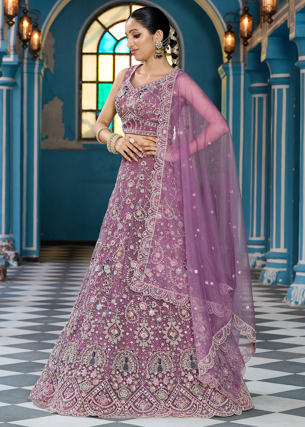 Buy Now Lavender Stone & Cording Work Net Lehenga Choli Online in US, UK, Canada, France, Germany, Sweden, Greece, Denmark, Italy, Africa & Worldwide at Empress.