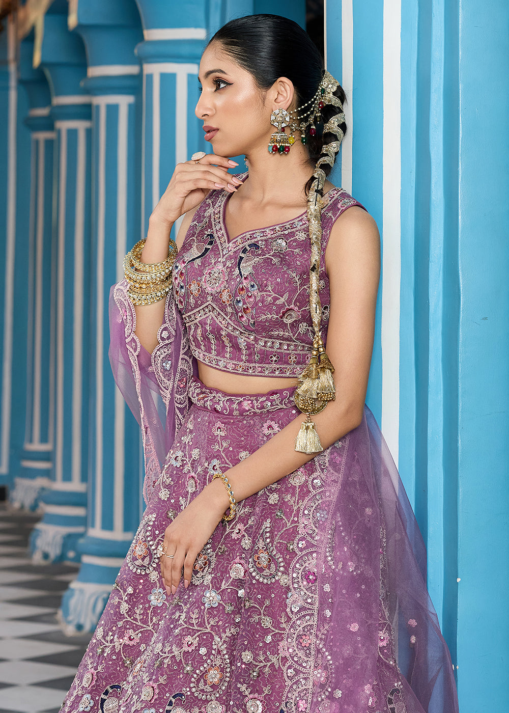 Buy Now Lavender Stone & Cording Work Net Lehenga Choli Online in US, UK, Canada, France, Germany, Sweden, Greece, Denmark, Italy, Africa & Worldwide at Empress.