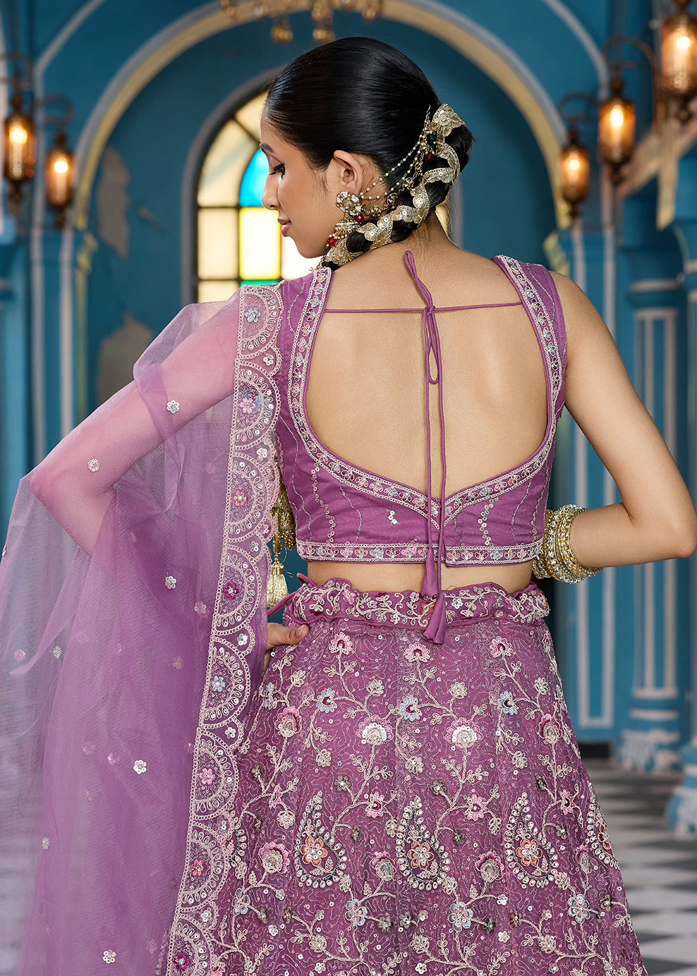 Buy Now Lavender Stone & Cording Work Net Lehenga Choli Online in US, UK, Canada, France, Germany, Sweden, Greece, Denmark, Italy, Africa & Worldwide at Empress.