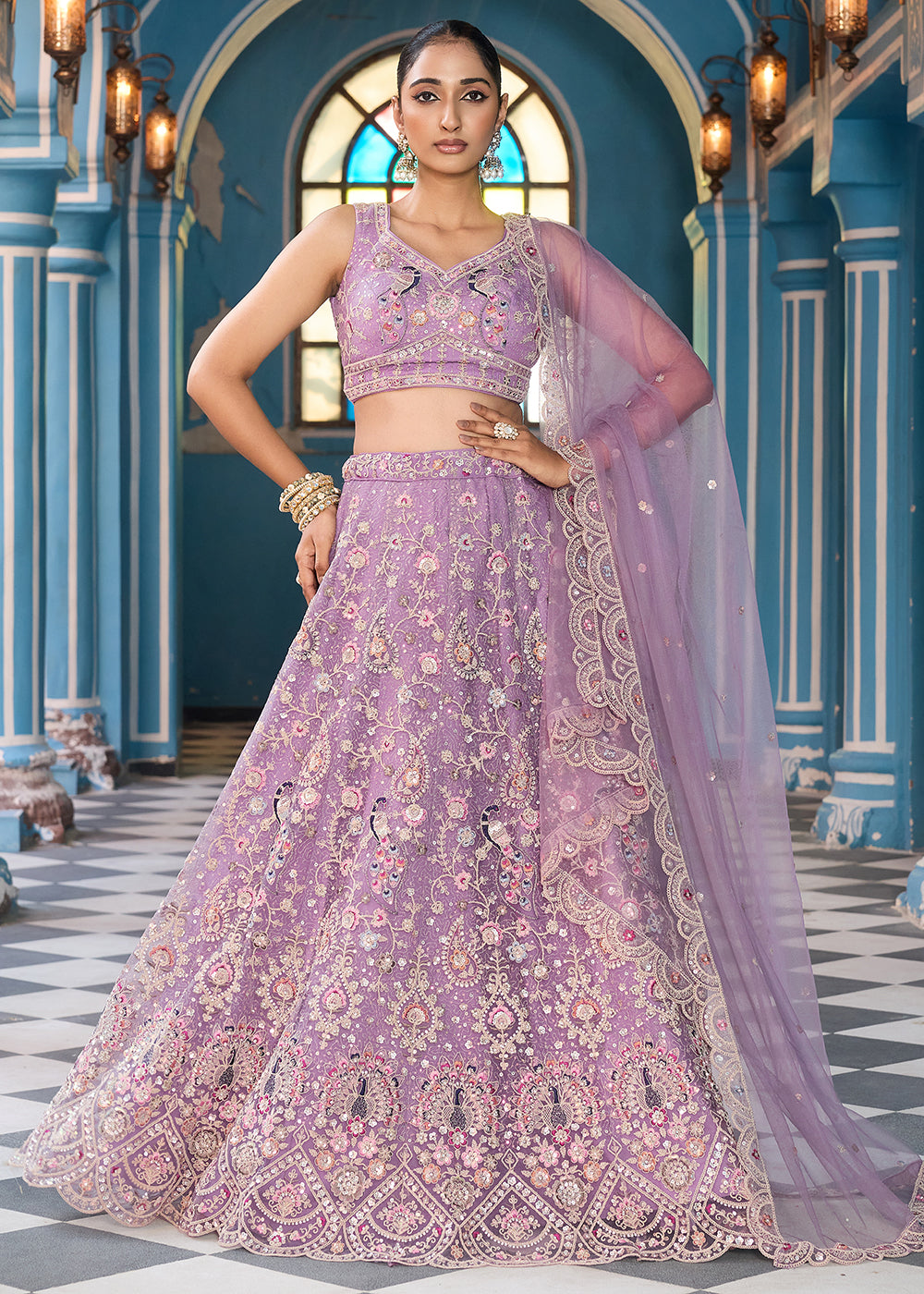 Buy Now Mauve Stone & Cording Work Net Lehenga Choli Online in US, UK, Canada, France, Germany, Sweden, Greece, Denmark, Italy, Africa & Worldwide at Empress.