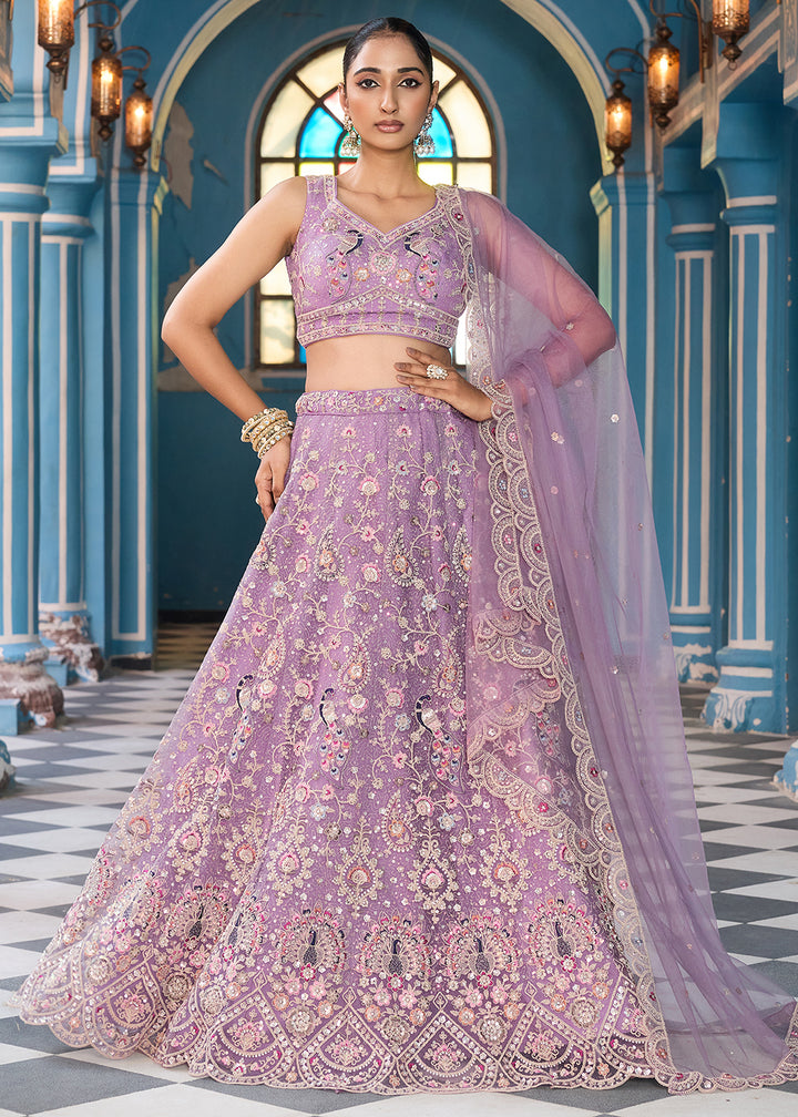 Buy Now Mauve Stone & Cording Work Net Lehenga Choli Online in US, UK, Canada, France, Germany, Sweden, Greece, Denmark, Italy, Africa & Worldwide at Empress.