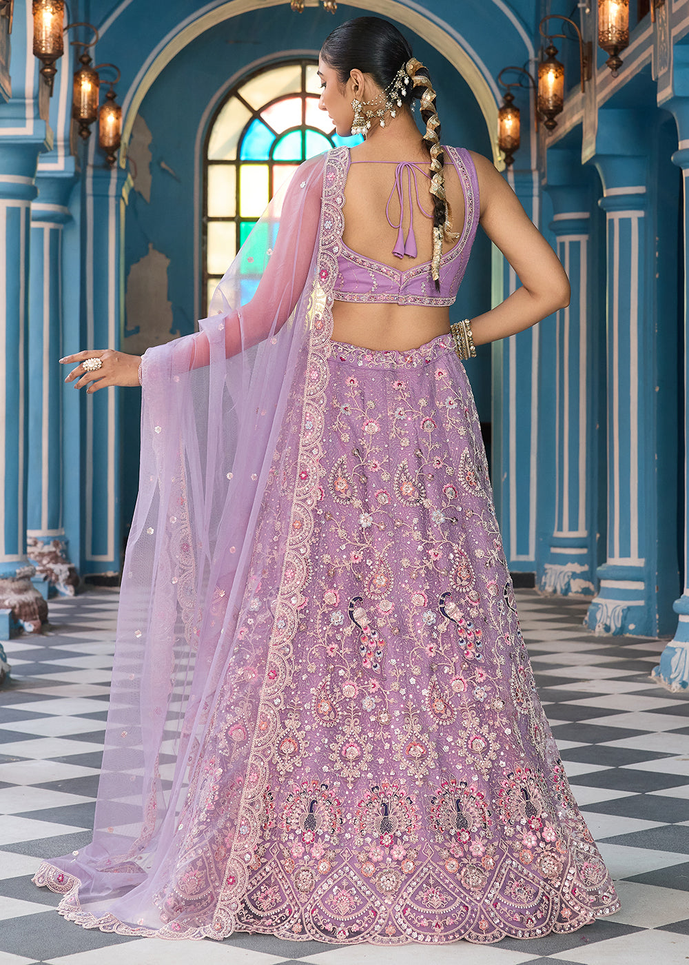 Buy Now Mauve Stone & Cording Work Net Lehenga Choli Online in US, UK, Canada, France, Germany, Sweden, Greece, Denmark, Italy, Africa & Worldwide at Empress.
