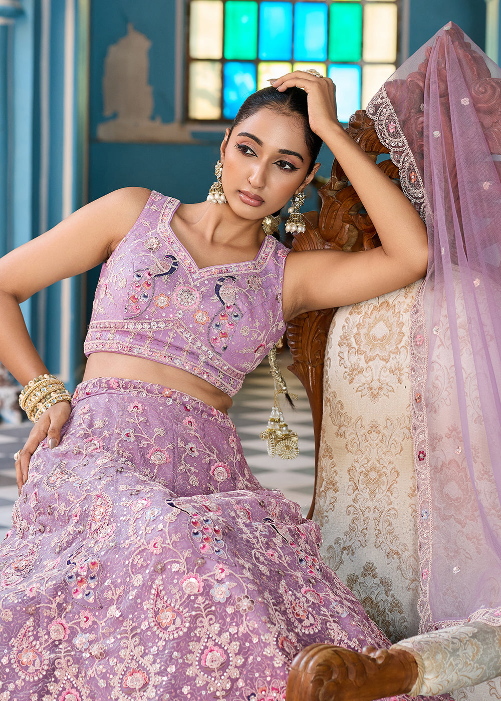 Buy Now Mauve Stone & Cording Work Net Lehenga Choli Online in US, UK, Canada, France, Germany, Sweden, Greece, Denmark, Italy, Africa & Worldwide at Empress.
