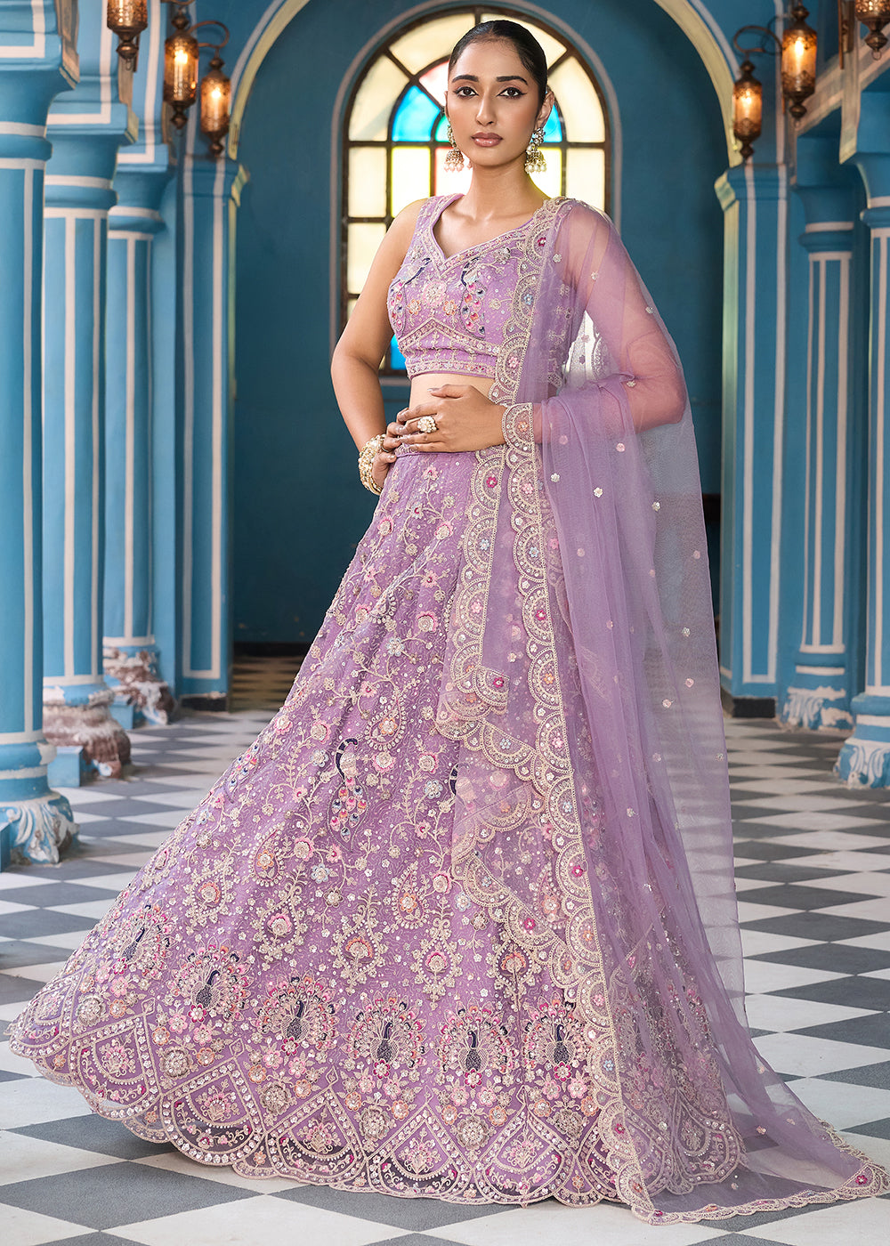 Buy Now Mauve Stone & Cording Work Net Lehenga Choli Online in US, UK, Canada, France, Germany, Sweden, Greece, Denmark, Italy, Africa & Worldwide at Empress.