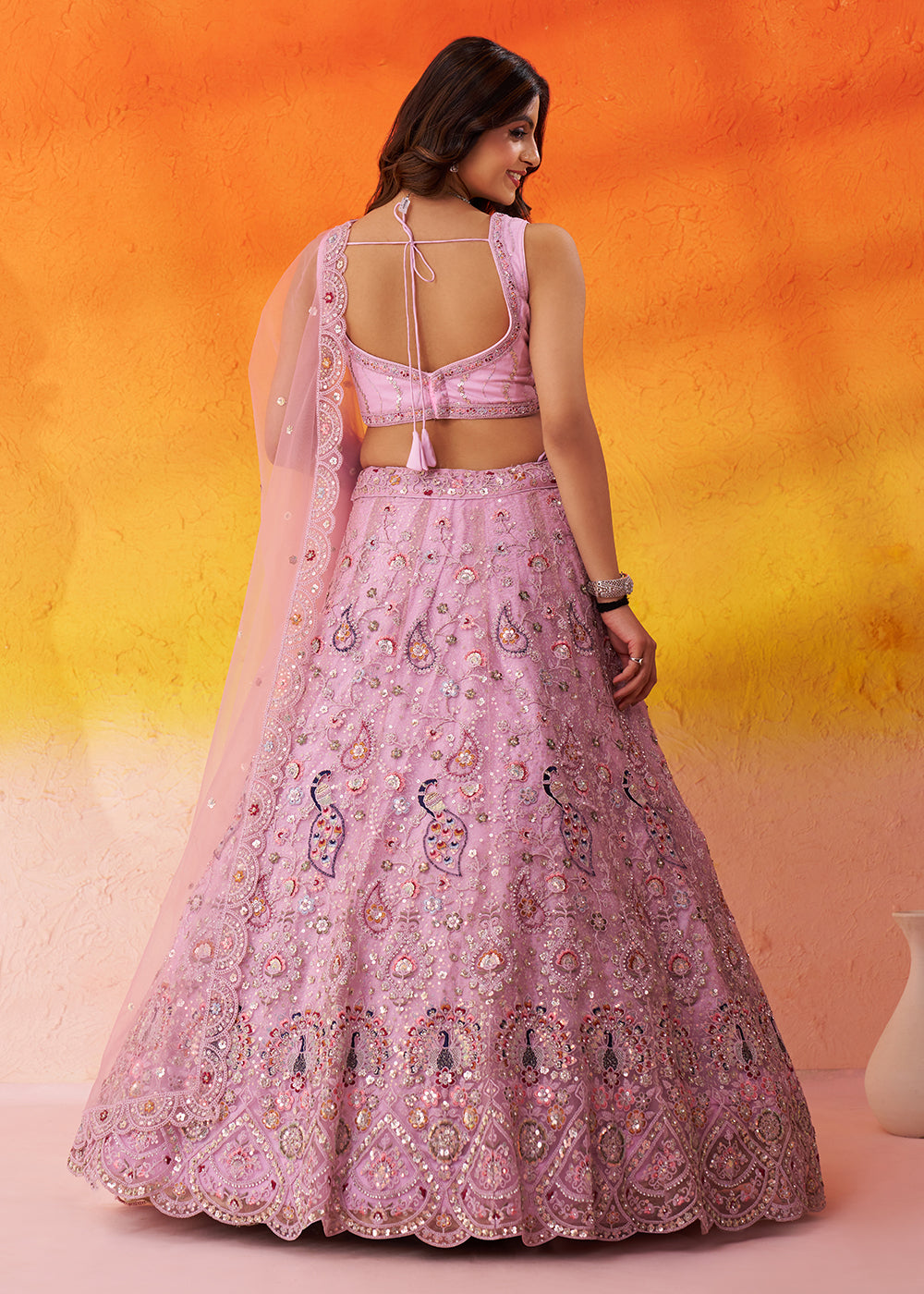 Buy Now Pink Stone & Cording Work Net Lehenga Choli Online in US, UK, Canada, France, Germany, Sweden, Greece, Denmark, Italy, Africa & Worldwide at Empress.