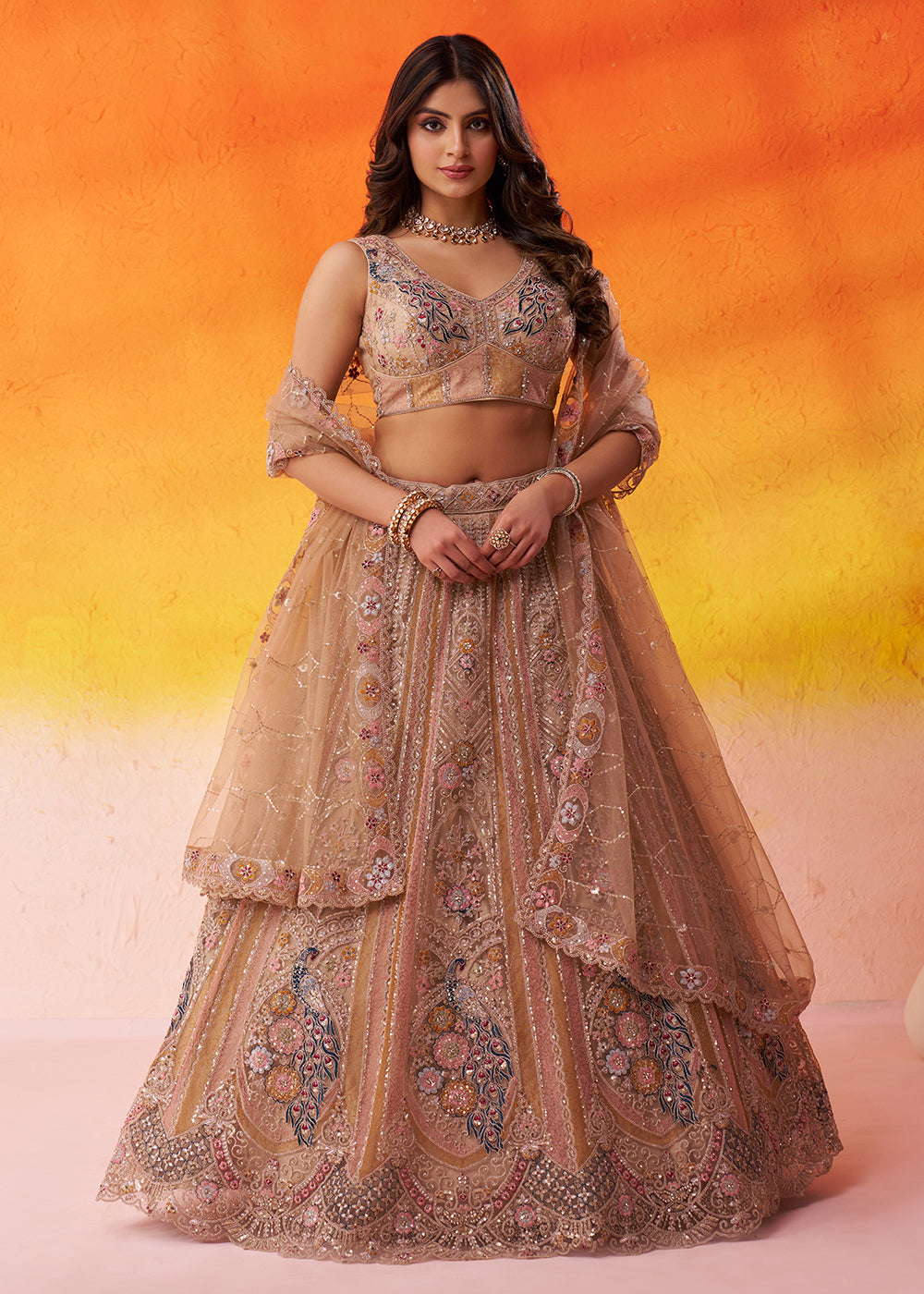 Buy Now Adorable Beige Net Embroidered Bridesmaids Lehenga Choli Online in US, UK, Canada, France, Germany, Sweden, Greece, Denmark & Worldwide at Empress.