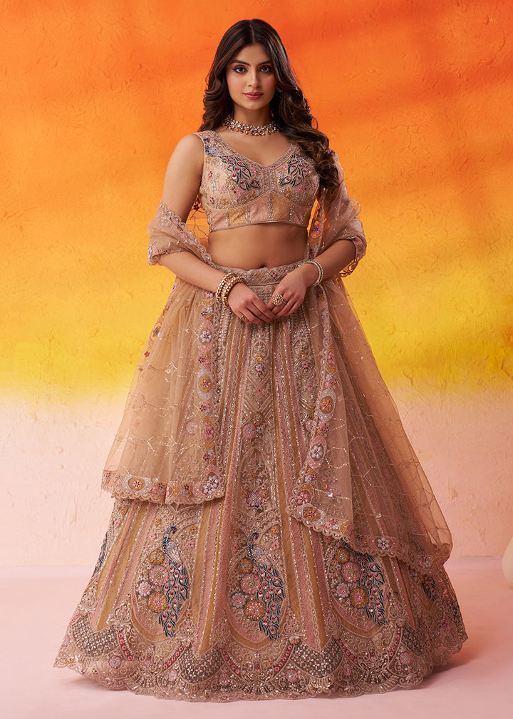 Buy Now Adorable Beige Net Embroidered Bridesmaids Lehenga Choli Online in US, UK, Canada, France, Germany, Sweden, Greece, Denmark & Worldwide at Empress.