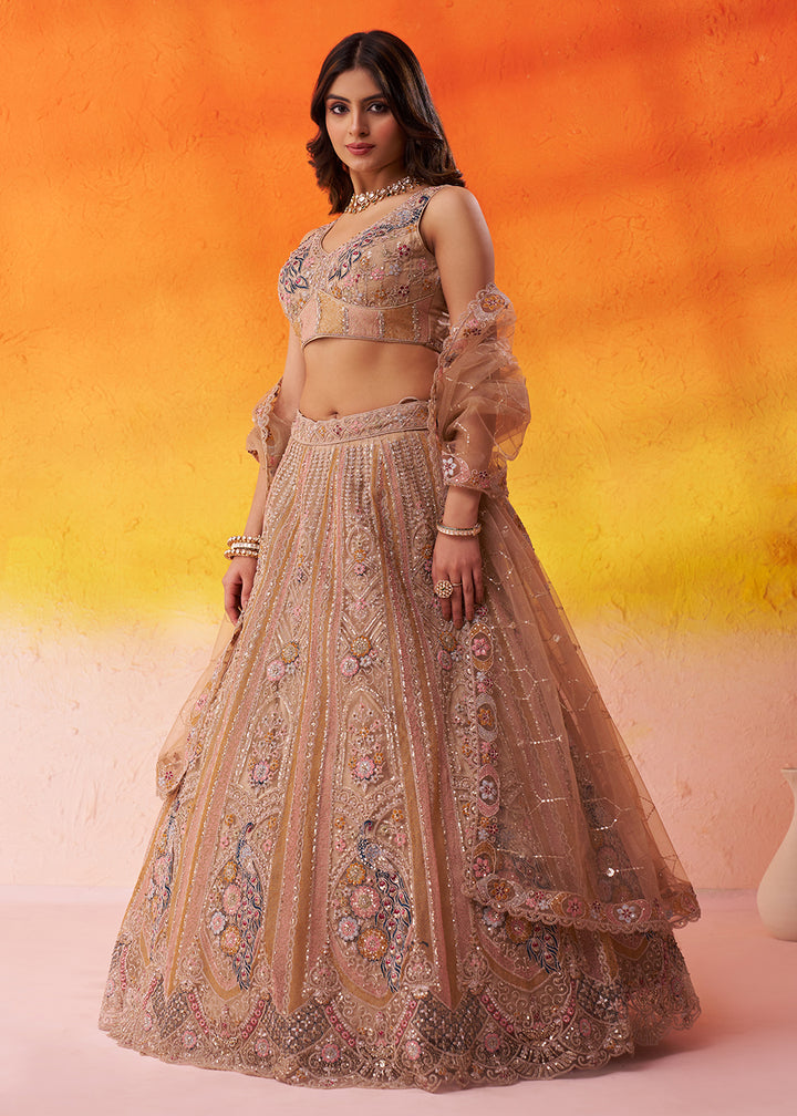 Buy Now Adorable Beige Net Embroidered Bridesmaids Lehenga Choli Online in US, UK, Canada, France, Germany, Sweden, Greece, Denmark & Worldwide at Empress.