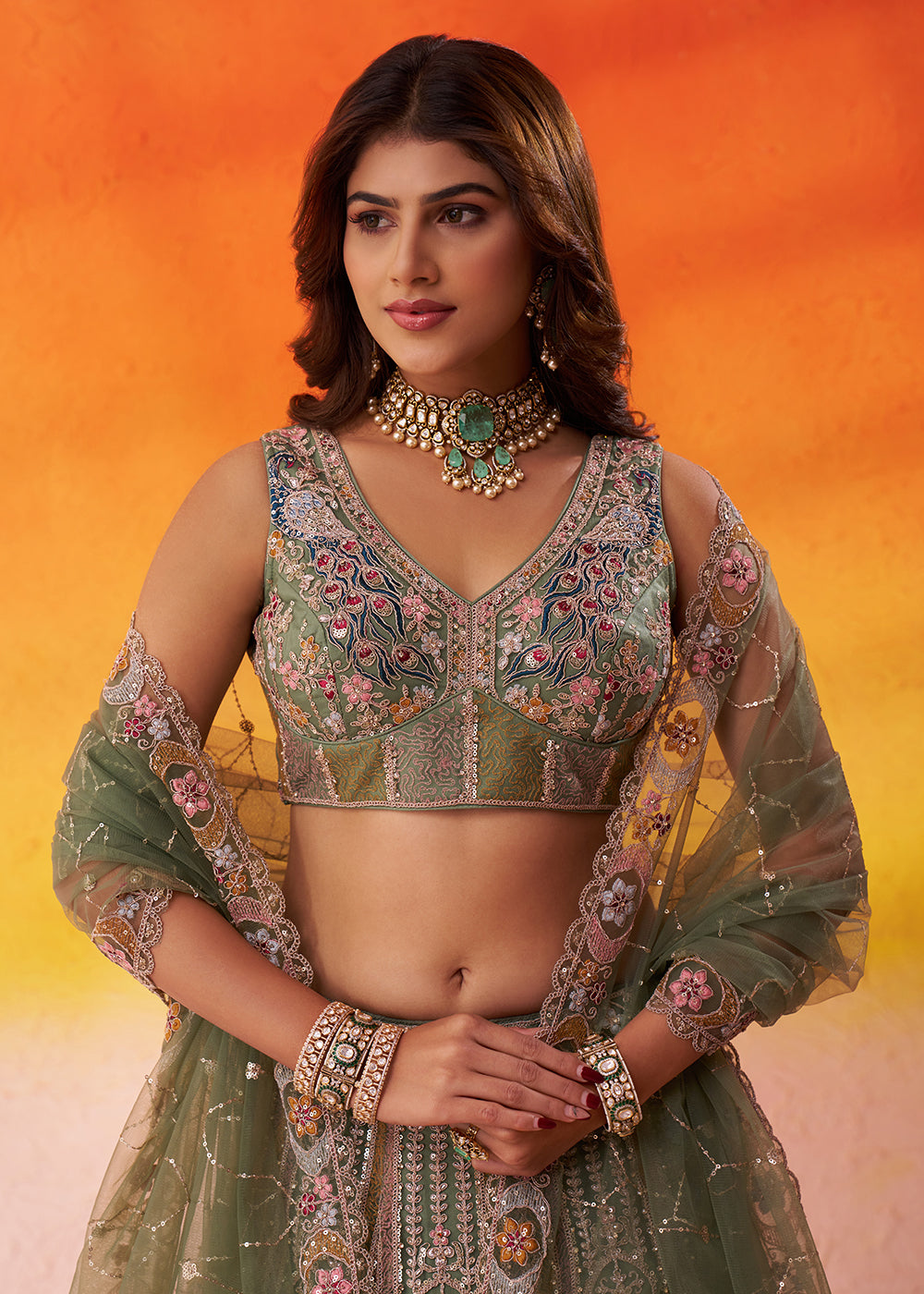 Buy Now Adorable Green Net Embroidered Bridesmaids Lehenga Choli Online in US, UK, Canada, France, Germany, Sweden, Greece, Denmark & Worldwide at Empress.