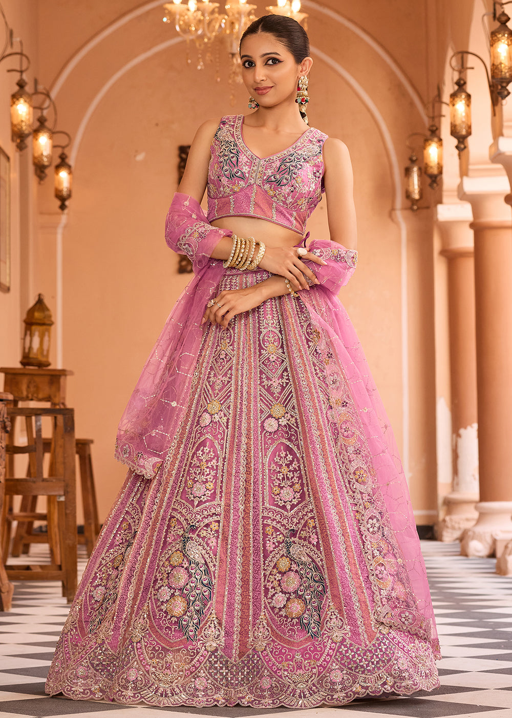 Buy Now Adorable Pink Net Embroidered Bridesmaids Lehenga Choli Online in US, UK, Canada, France, Germany, Sweden, Greece, Denmark, Italy & Worldwide at Empress.