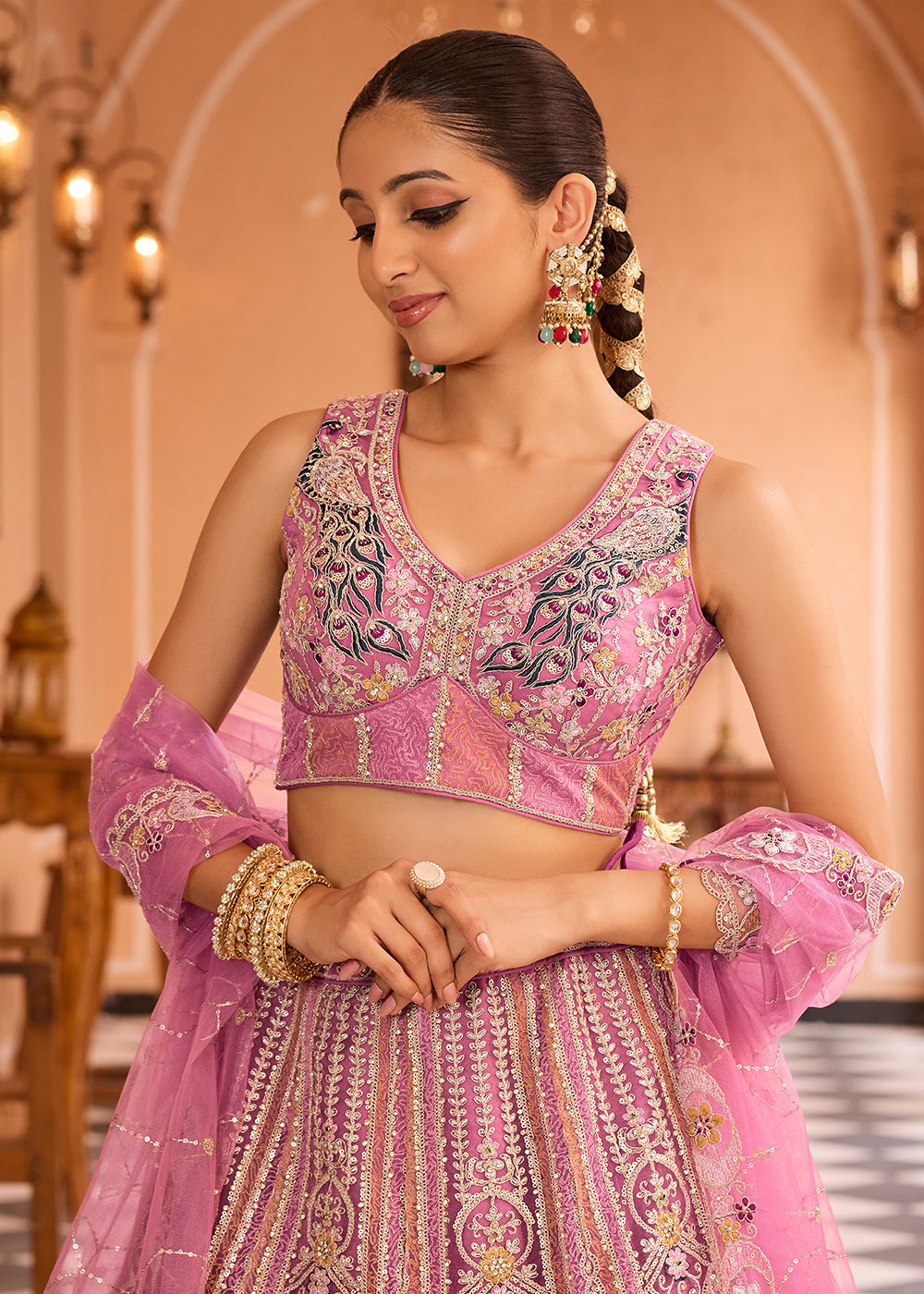 Buy Now Adorable Pink Net Embroidered Bridesmaids Lehenga Choli Online in US, UK, Canada, France, Germany, Sweden, Greece, Denmark, Italy & Worldwide at Empress.