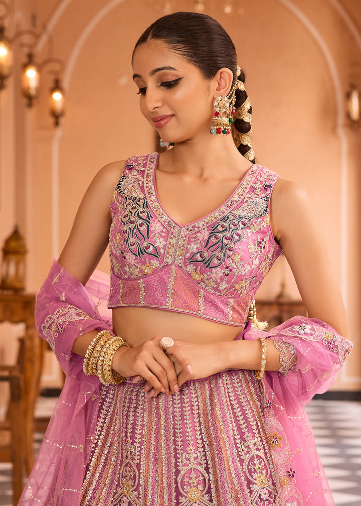 Buy Now Adorable Pink Net Embroidered Bridesmaids Lehenga Choli Online in US, UK, Canada, France, Germany, Sweden, Greece, Denmark, Italy & Worldwide at Empress.