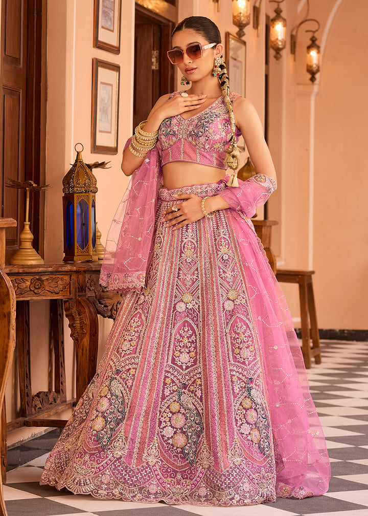 Buy Now Adorable Pink Net Embroidered Bridesmaids Lehenga Choli Online in US, UK, Canada, France, Germany, Sweden, Greece, Denmark, Italy & Worldwide at Empress.