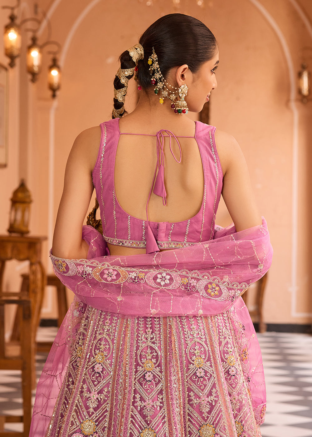 Buy Now Adorable Pink Net Embroidered Bridesmaids Lehenga Choli Online in US, UK, Canada, France, Germany, Sweden, Greece, Denmark, Italy & Worldwide at Empress.