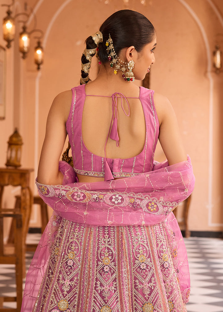 Buy Now Adorable Pink Net Embroidered Bridesmaids Lehenga Choli Online in US, UK, Canada, France, Germany, Sweden, Greece, Denmark, Italy & Worldwide at Empress.