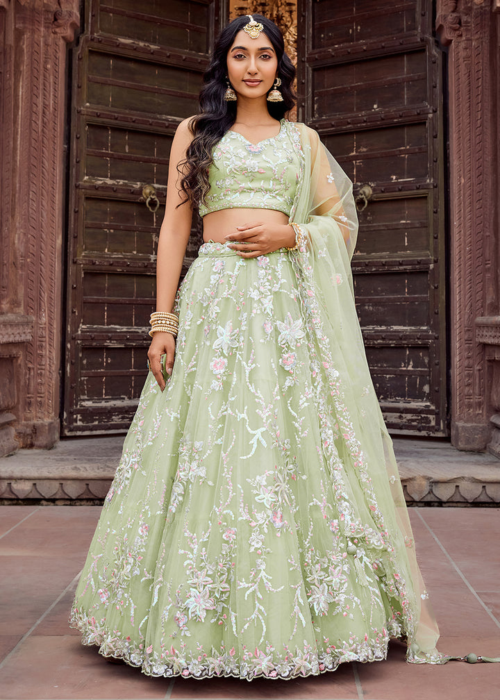 Buy Now Net Embroidered Lime Green Festive Style Lehenga Choli Online in US, UK, Canada, France, Germany, Sweden, Greece, Denmark, UAE & Worldwide at Empress.