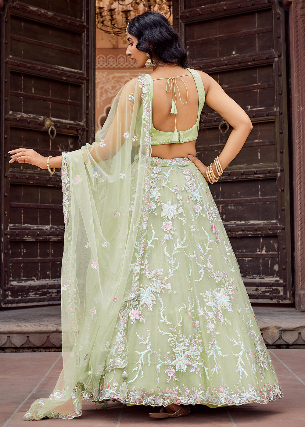 Buy Now Net Embroidered Lime Green Festive Style Lehenga Choli Online in US, UK, Canada, France, Germany, Sweden, Greece, Denmark, UAE & Worldwide at Empress.