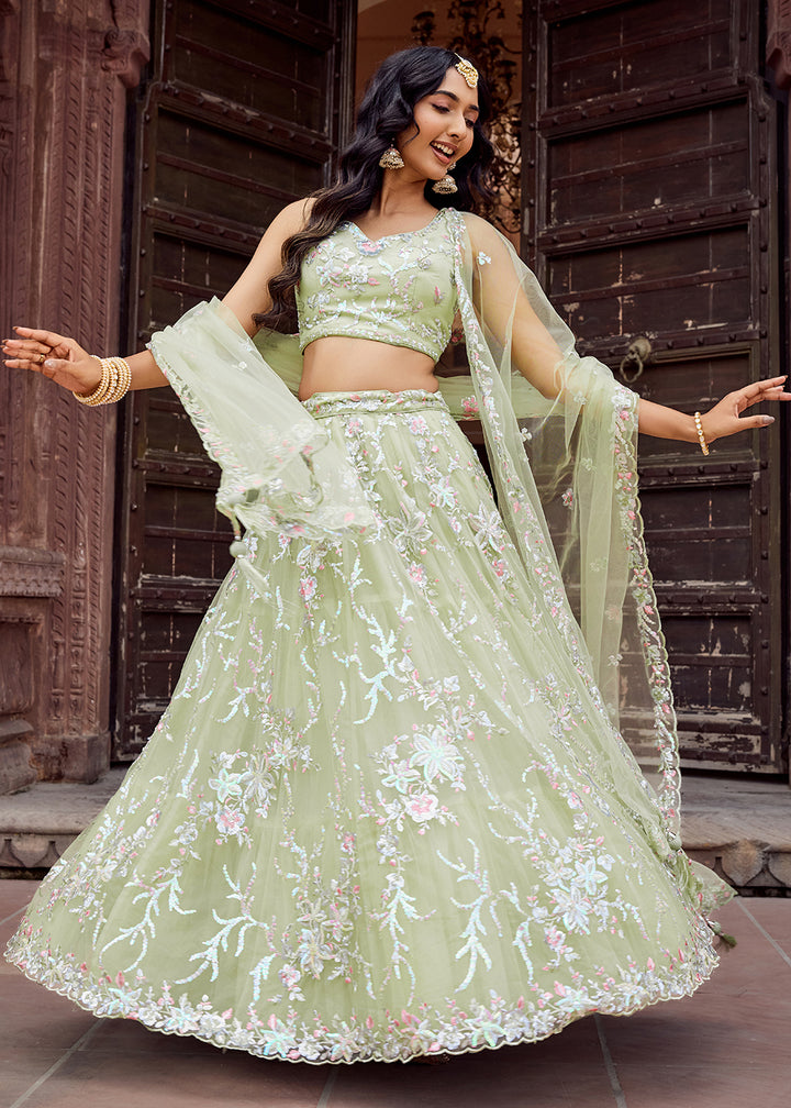 Buy Now Net Embroidered Lime Green Festive Style Lehenga Choli Online in US, UK, Canada, France, Germany, Sweden, Greece, Denmark, UAE & Worldwide at Empress.