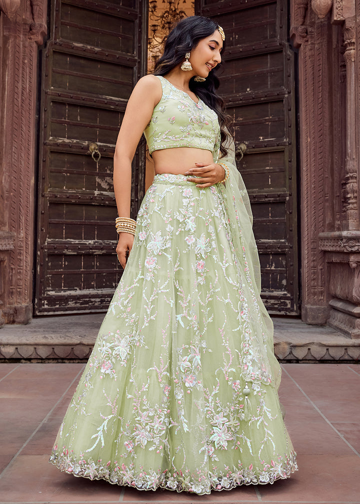 Buy Now Net Embroidered Lime Green Festive Style Lehenga Choli Online in US, UK, Canada, France, Germany, Sweden, Greece, Denmark, UAE & Worldwide at Empress.