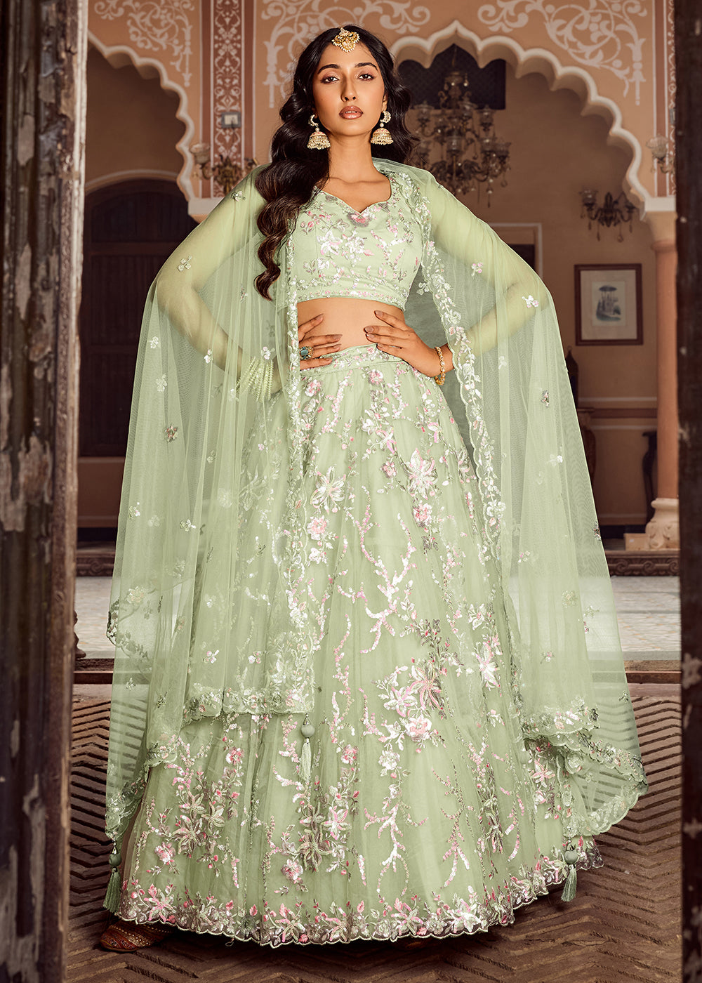 Buy Now Net Embroidered Lime Green Festive Style Lehenga Choli Online in US, UK, Canada, France, Germany, Sweden, Greece, Denmark, UAE & Worldwide at Empress.