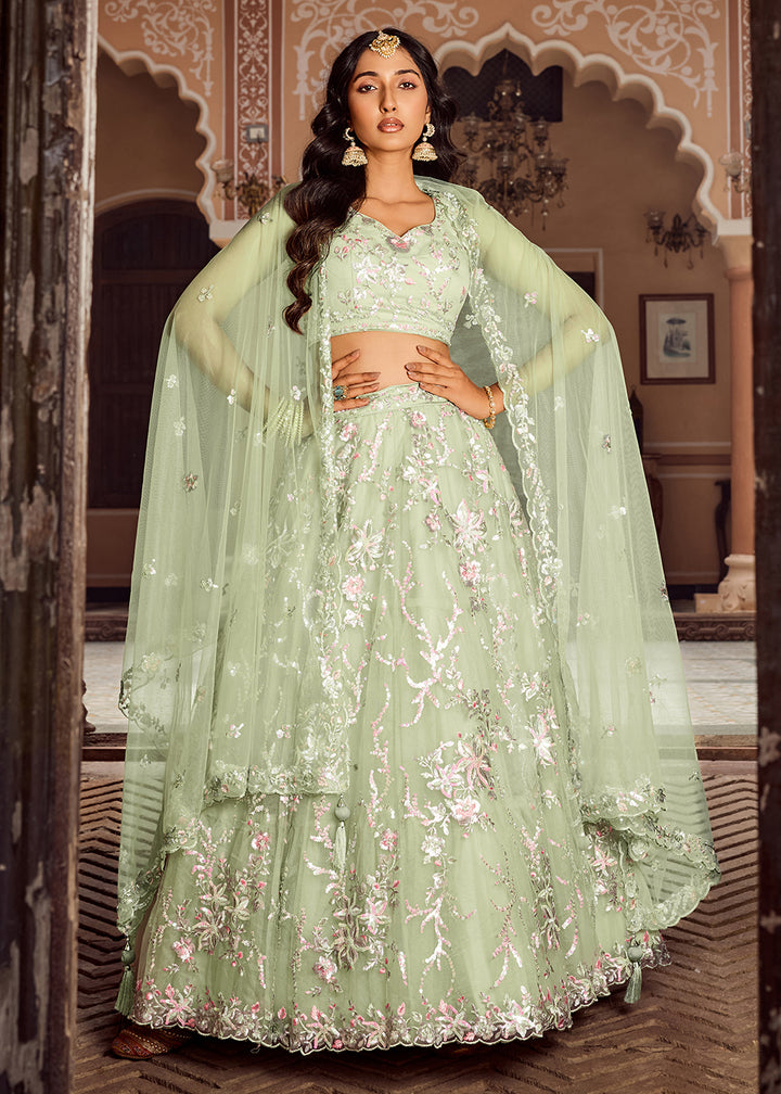 Buy Now Net Embroidered Lime Green Festive Style Lehenga Choli Online in US, UK, Canada, France, Germany, Sweden, Greece, Denmark, UAE & Worldwide at Empress.
