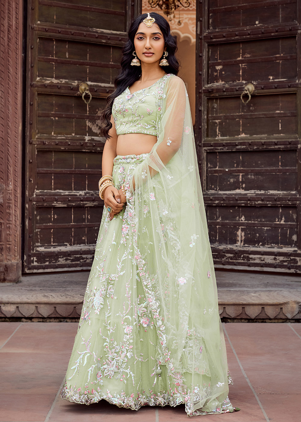 Buy Now Net Embroidered Lime Green Festive Style Lehenga Choli Online in US, UK, Canada, France, Germany, Sweden, Greece, Denmark, UAE & Worldwide at Empress.