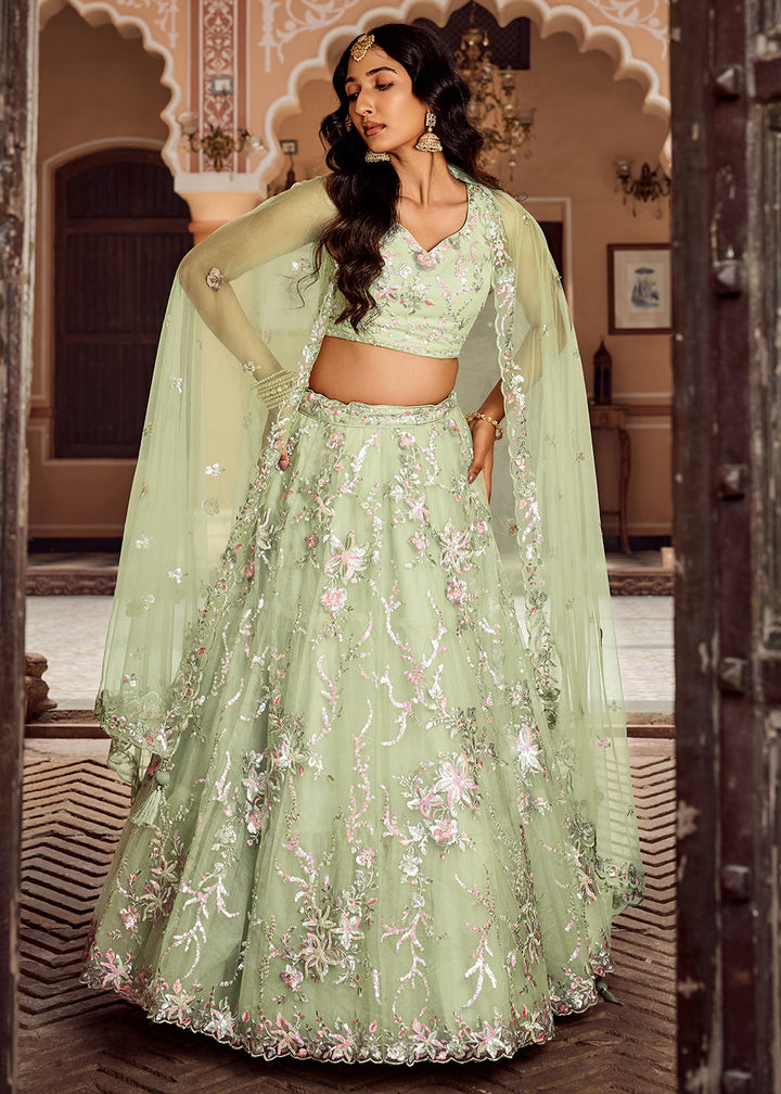 Buy Now Net Embroidered Lime Green Festive Style Lehenga Choli Online in US, UK, Canada, France, Germany, Sweden, Greece, Denmark, UAE & Worldwide at Empress.