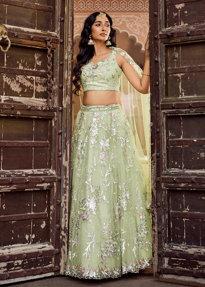 Buy Now Net Embroidered Lime Green Festive Style Lehenga Choli Online in US, UK, Canada, France, Germany, Sweden, Greece, Denmark, UAE & Worldwide at Empress.
