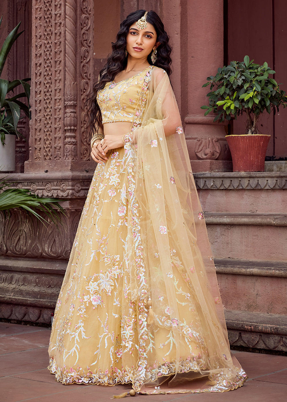 Buy Now Net Embroidered Yellow Festive Style Lehenga Choli Online in US, UK, Canada, France, Germany, Sweden, Greece, Denmark, UAE & Worldwide at Empress.