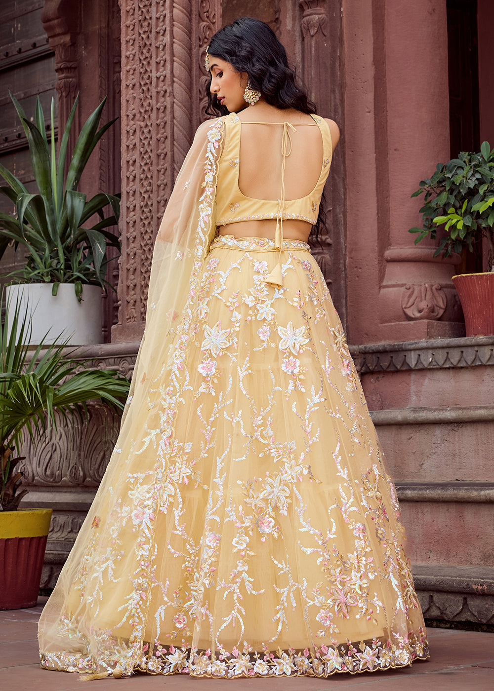 Buy Now Net Embroidered Yellow Festive Style Lehenga Choli Online in US, UK, Canada, France, Germany, Sweden, Greece, Denmark, UAE & Worldwide at Empress.