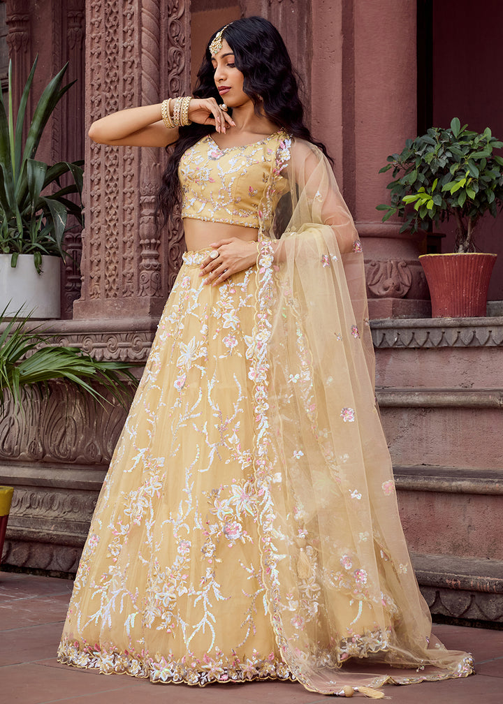Buy Now Net Embroidered Yellow Festive Style Lehenga Choli Online in US, UK, Canada, France, Germany, Sweden, Greece, Denmark, UAE & Worldwide at Empress.