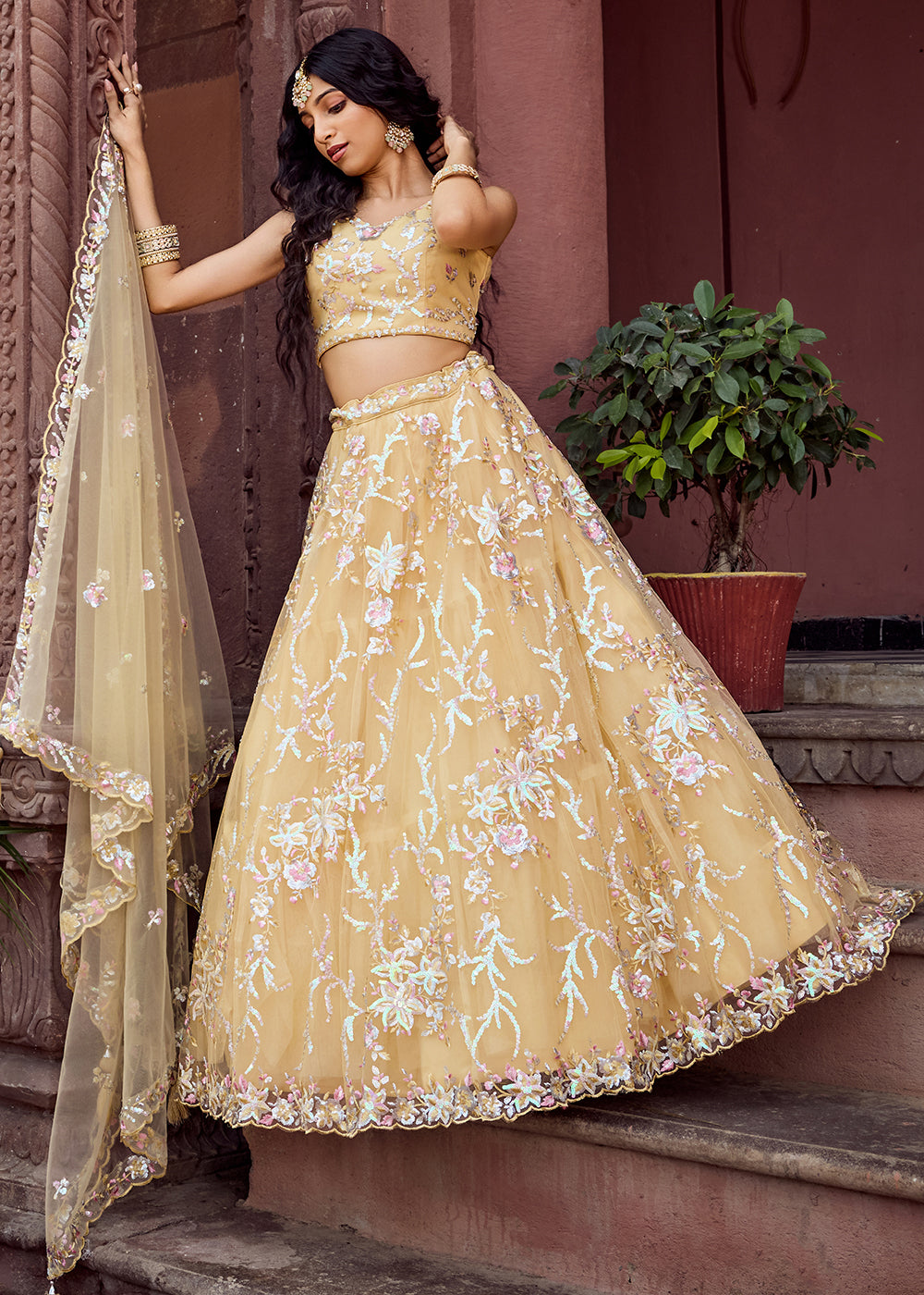 Buy Now Net Embroidered Yellow Festive Style Lehenga Choli Online in US, UK, Canada, France, Germany, Sweden, Greece, Denmark, UAE & Worldwide at Empress.