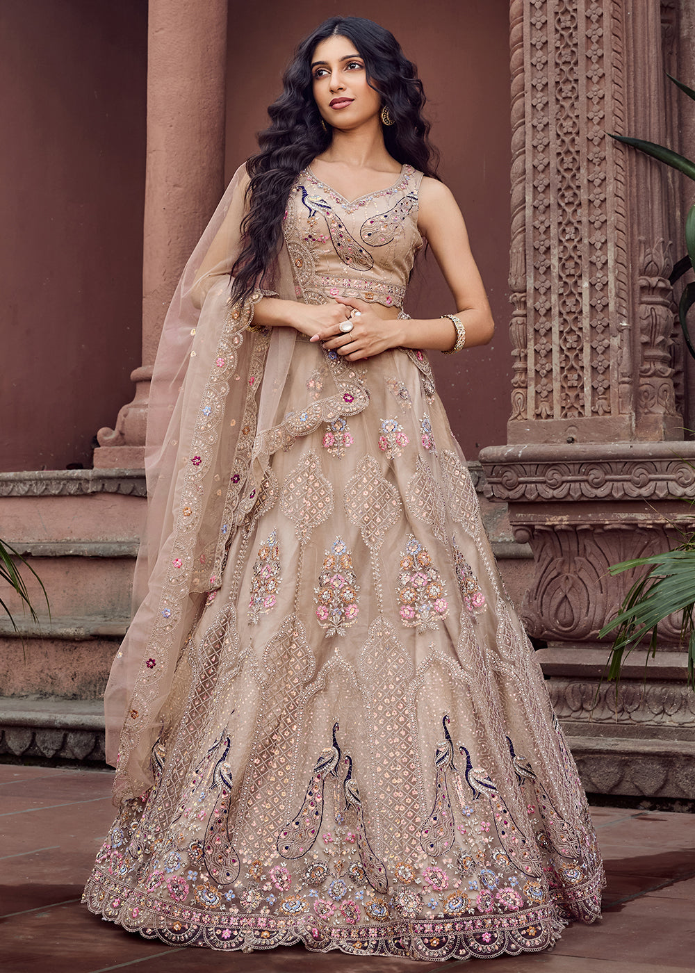 Buy Now Beige Net Wedding Function Style Lehenga Choli Online in US, UK, Canada, France, Germany, Sweden, Greece, Denmark, Maldives, UAE & Worldwide at Empress.