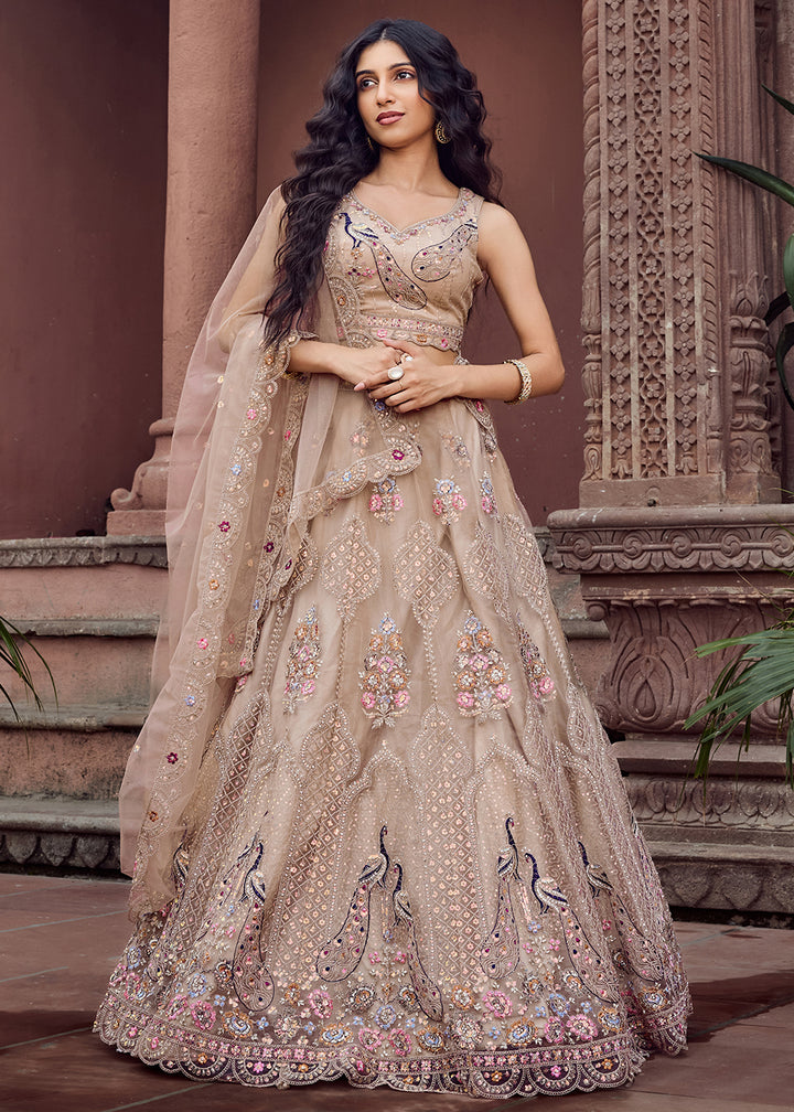 Buy Now Beige Net Wedding Function Style Lehenga Choli Online in US, UK, Canada, France, Germany, Sweden, Greece, Denmark, Maldives, UAE & Worldwide at Empress.