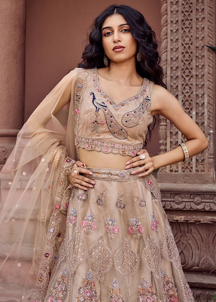 Buy Now Beige Net Wedding Function Style Lehenga Choli Online in US, UK, Canada, France, Germany, Sweden, Greece, Denmark, Maldives, UAE & Worldwide at Empress.