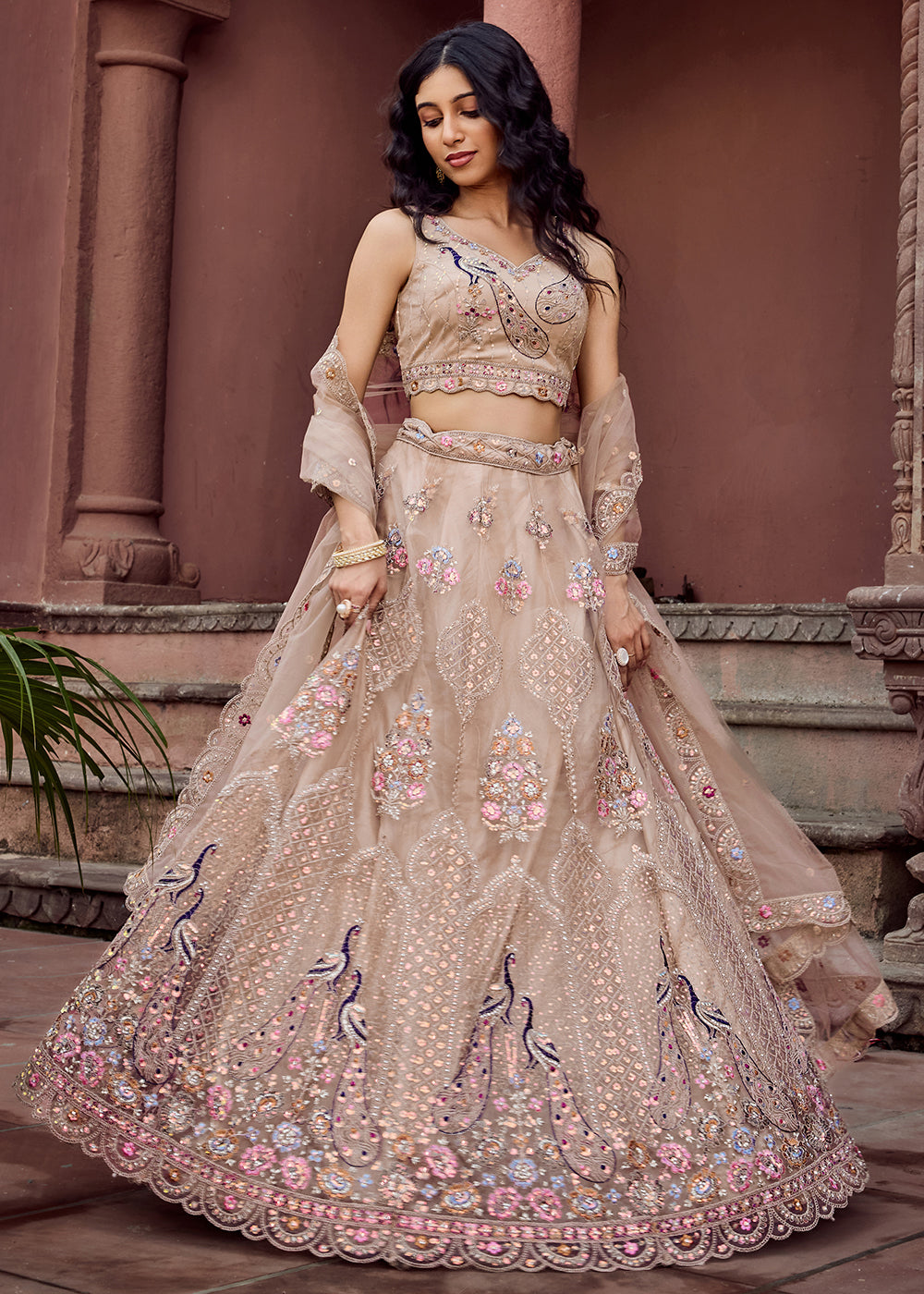 Buy Now Beige Net Wedding Function Style Lehenga Choli Online in US, UK, Canada, France, Germany, Sweden, Greece, Denmark, Maldives, UAE & Worldwide at Empress.