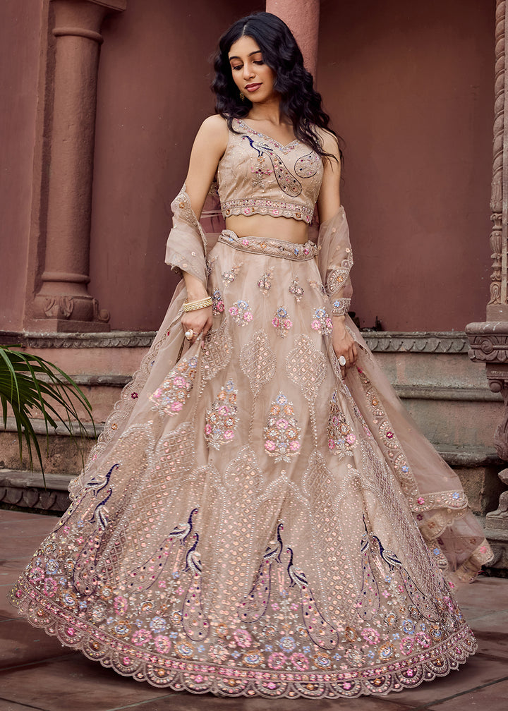 Buy Now Beige Net Wedding Function Style Lehenga Choli Online in US, UK, Canada, France, Germany, Sweden, Greece, Denmark, Maldives, UAE & Worldwide at Empress.