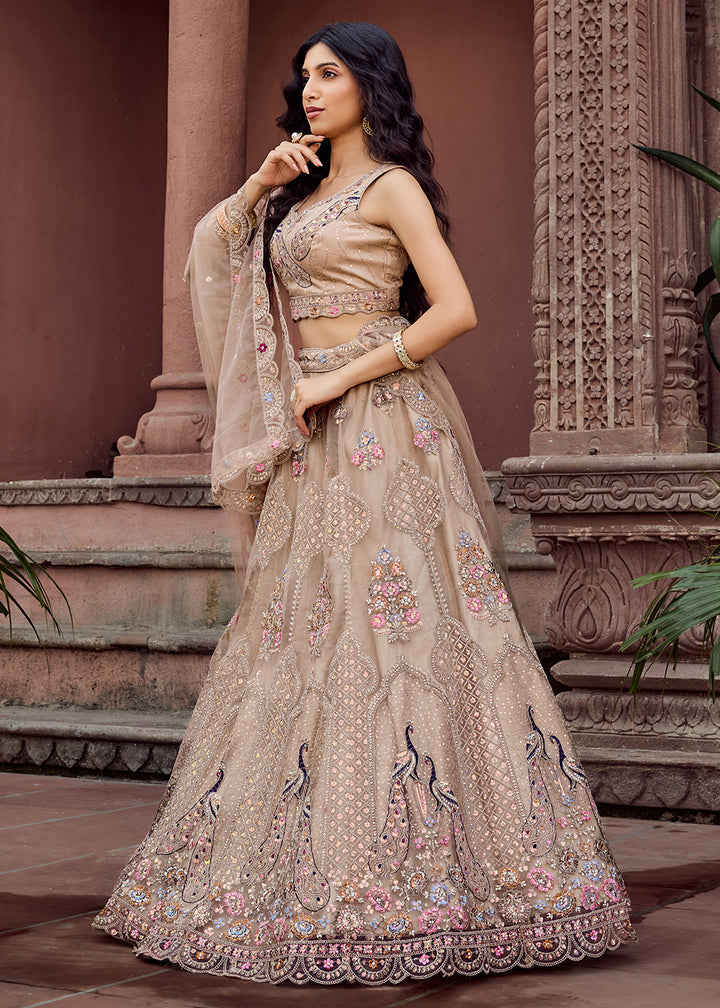 Buy Now Beige Net Wedding Function Style Lehenga Choli Online in US, UK, Canada, France, Germany, Sweden, Greece, Denmark, Maldives, UAE & Worldwide at Empress.