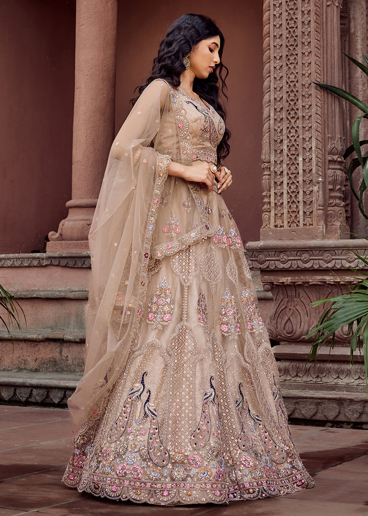 Buy Now Beige Net Wedding Function Style Lehenga Choli Online in US, UK, Canada, France, Germany, Sweden, Greece, Denmark, Maldives, UAE & Worldwide at Empress.