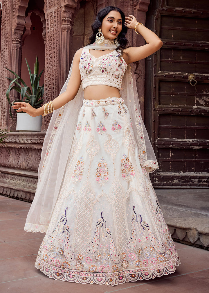 Buy Now Cream Net Wedding Function Style Lehenga Choli Online in US, UK, Canada, France, Germany, Sweden, Greece, Denmark, Maldives, UAE & Worldwide at Empress.