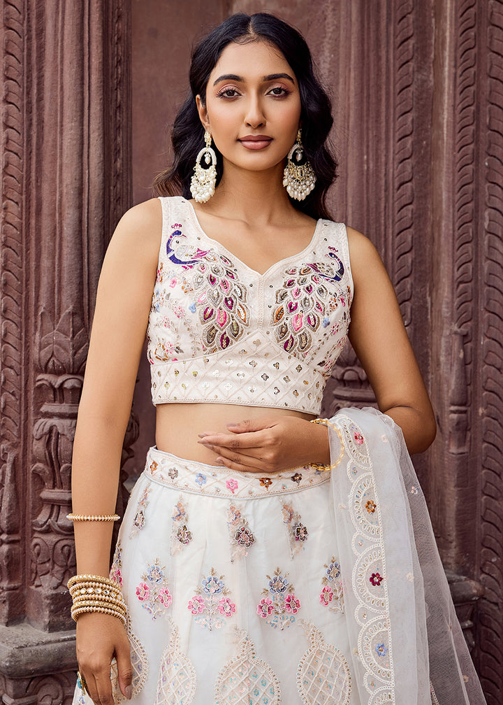 Buy Now Cream Net Wedding Function Style Lehenga Choli Online in US, UK, Canada, France, Germany, Sweden, Greece, Denmark, Maldives, UAE & Worldwide at Empress.