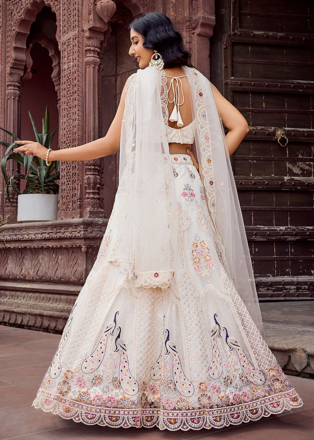 Buy Now Cream Net Wedding Function Style Lehenga Choli Online in US, UK, Canada, France, Germany, Sweden, Greece, Denmark, Maldives, UAE & Worldwide at Empress.