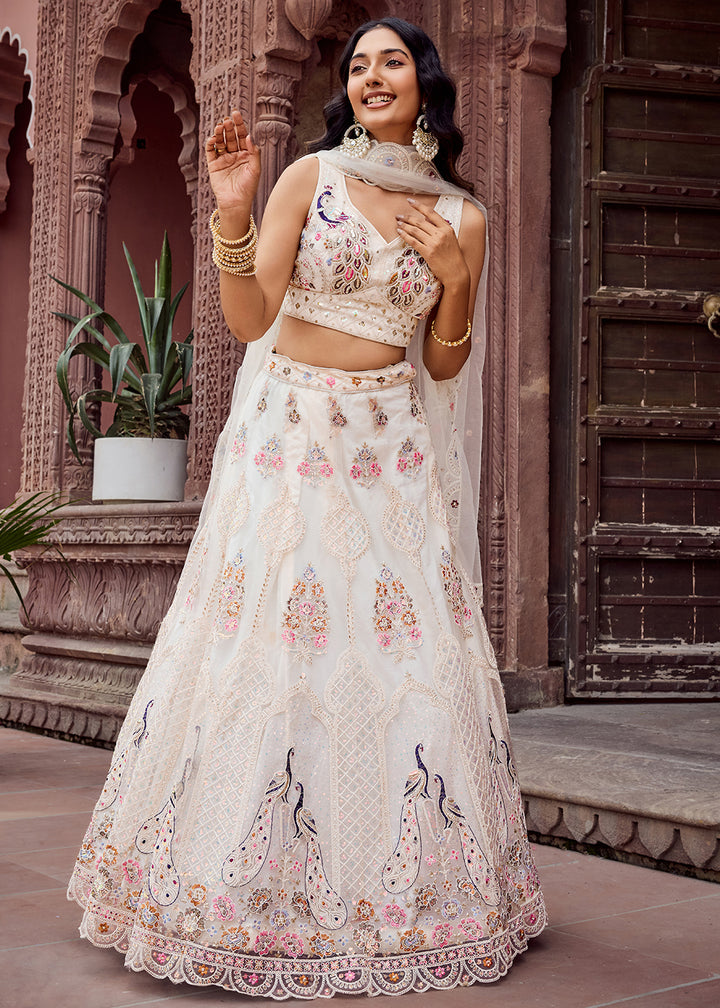 Buy Now Cream Net Wedding Function Style Lehenga Choli Online in US, UK, Canada, France, Germany, Sweden, Greece, Denmark, Maldives, UAE & Worldwide at Empress.