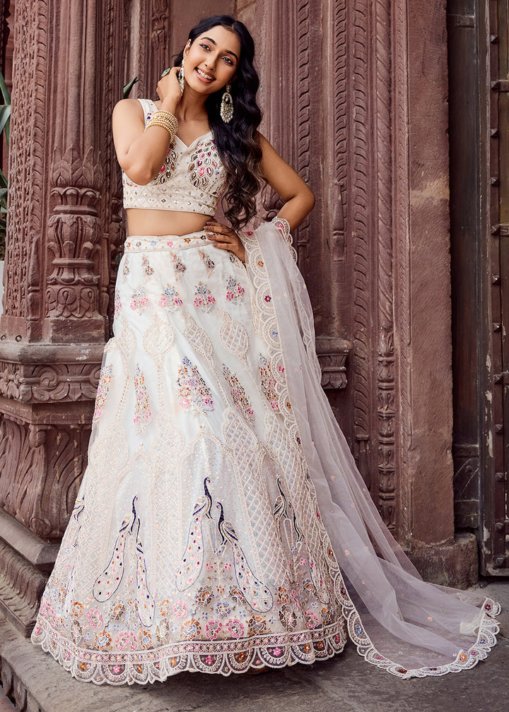 Buy Now Cream Net Wedding Function Style Lehenga Choli Online in US, UK, Canada, France, Germany, Sweden, Greece, Denmark, Maldives, UAE & Worldwide at Empress.