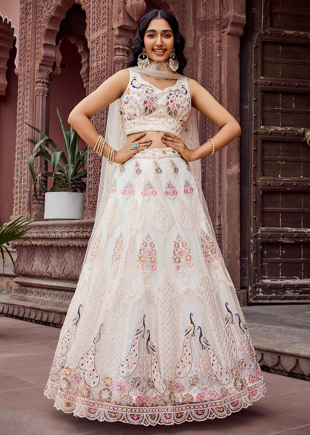 Buy Now Cream Net Wedding Function Style Lehenga Choli Online in US, UK, Canada, France, Germany, Sweden, Greece, Denmark, Maldives, UAE & Worldwide at Empress.