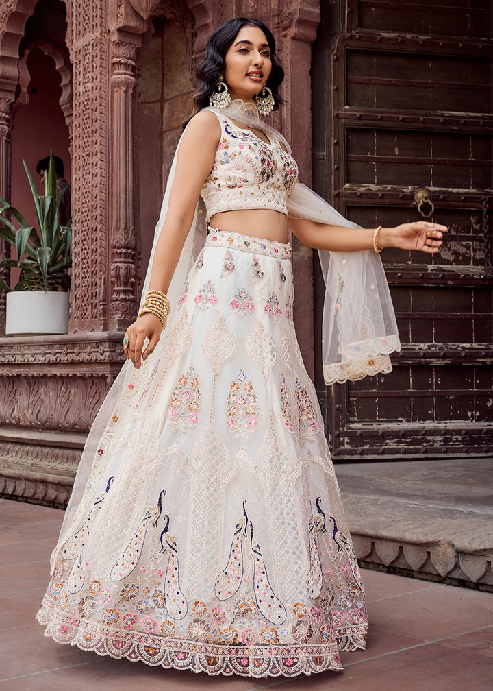 Buy Now Cream Net Wedding Function Style Lehenga Choli Online in US, UK, Canada, France, Germany, Sweden, Greece, Denmark, Maldives, UAE & Worldwide at Empress.