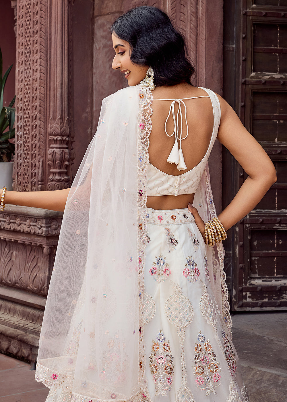 Buy Now Cream Net Wedding Function Style Lehenga Choli Online in US, UK, Canada, France, Germany, Sweden, Greece, Denmark, Maldives, UAE & Worldwide at Empress.